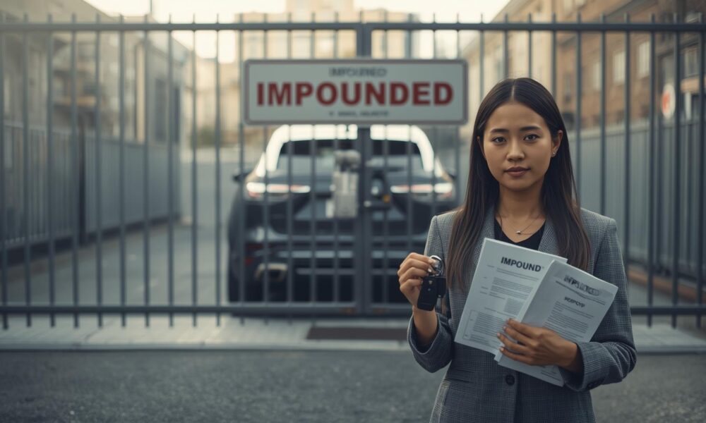 Car seized and locked at an impound lot with insurance documents representing impound insurance after vehicle seizure