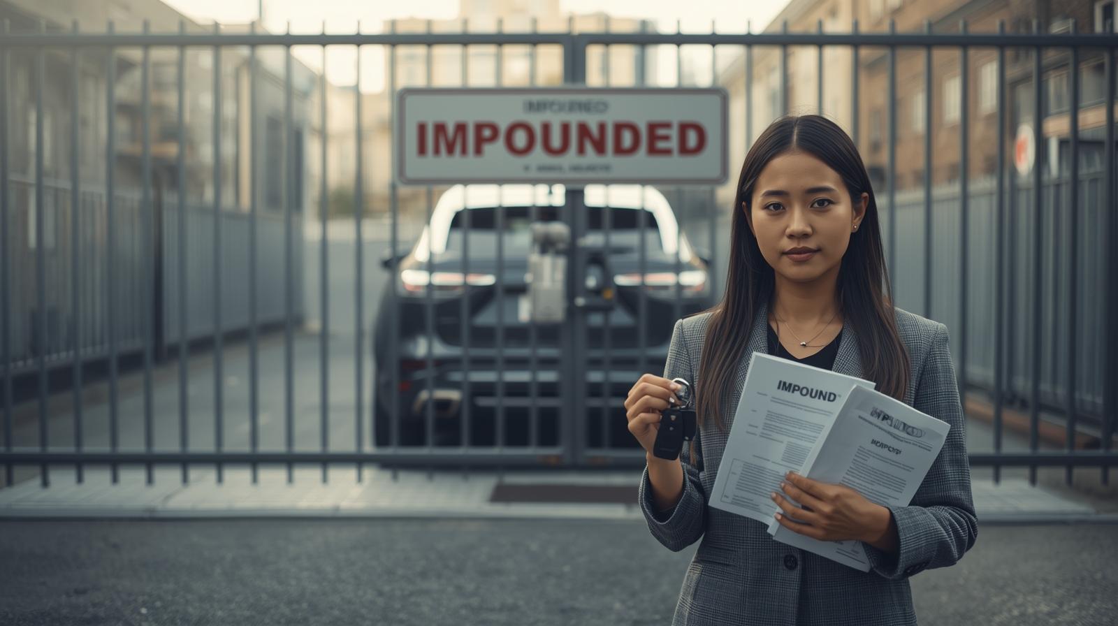 Car seized and locked at an impound lot with insurance documents representing impound insurance after vehicle seizure